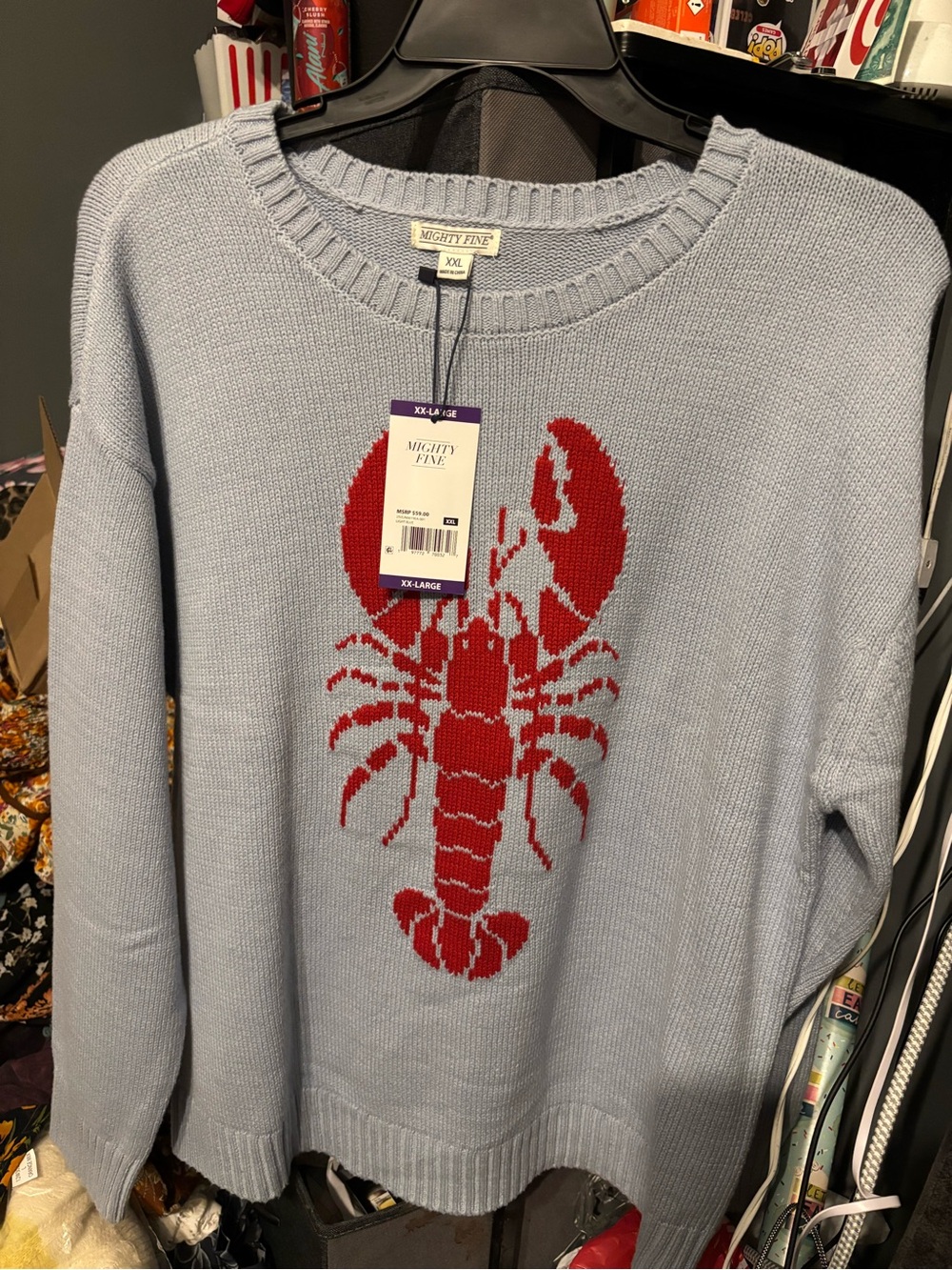 Mighty Fine Women's Light Blue Sweater with Red Lobster XXL